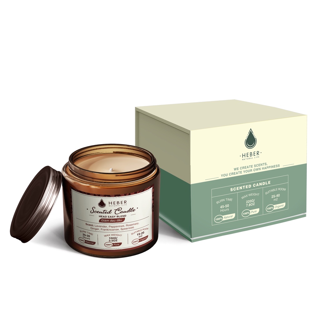 Nến Thơm Giảm Đau Đầu- Head Easy Scented Candle Heber Natural Life Thiên Nhiên Cao Cấp, Thơm Phòng Thư Giãn, 100g & 220g