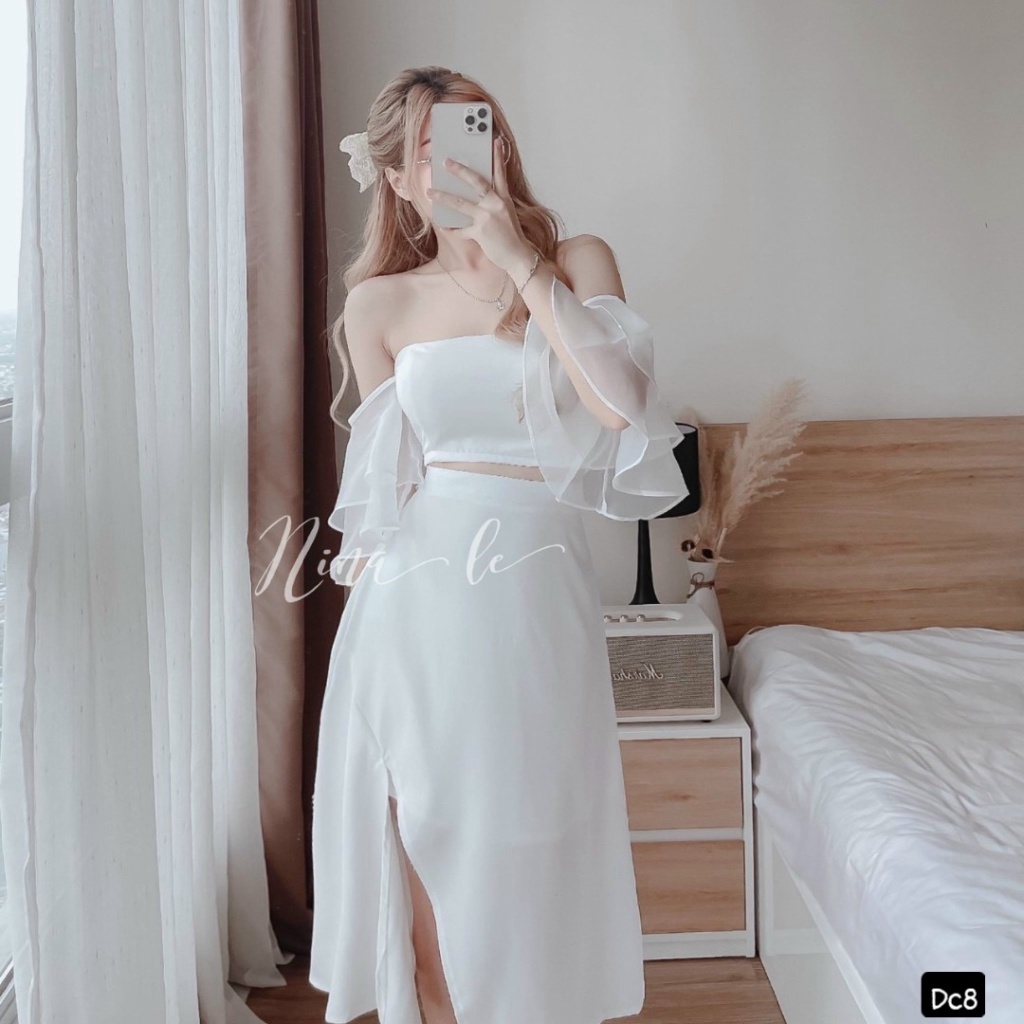 Mẫu Đầm Hot Trend -- Sét Váy UMI PHối Voan Kiếng Áo CROPTOP Trễ vai Váy Chẻ Siêu Sang Trọng Siêu XInh UP