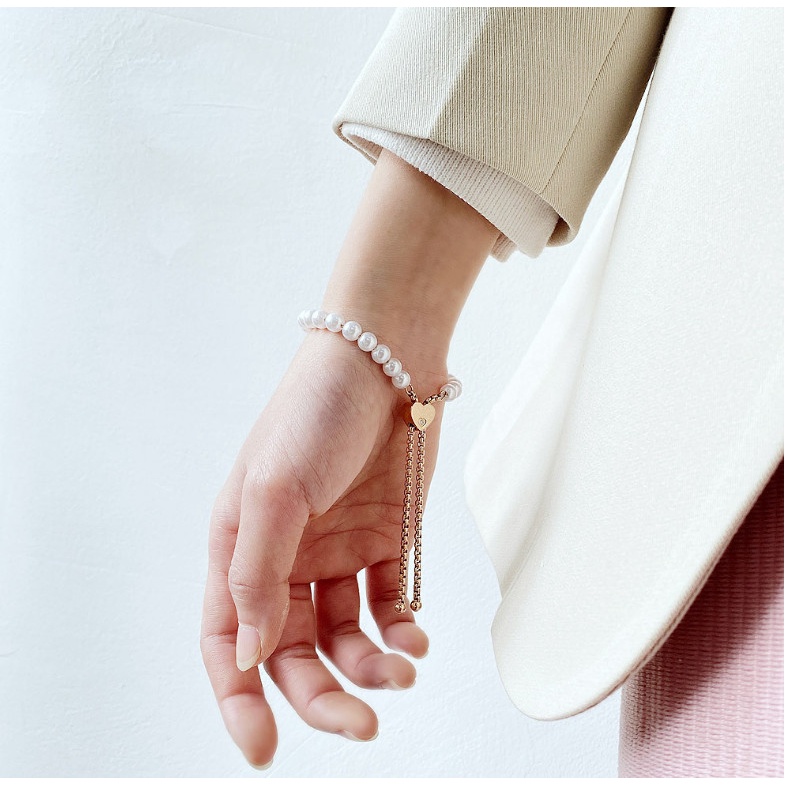 Lắc Tay Ngọc Trai Nhân Tạo Dây Rút Titan Ko Đen TT 4167