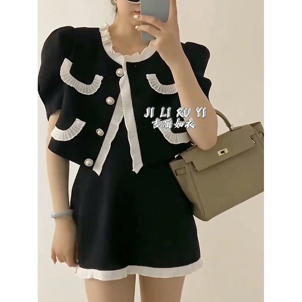 Leisure and fashion summer suit women's summer design sense of minority color agaric edge small fragrant wind coat short skirt two-piece set