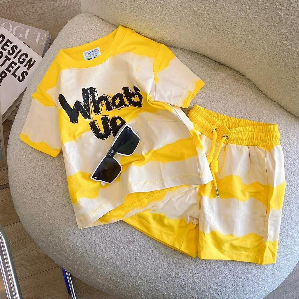 Quần áo bé trai in chữ Whats Up quần lửng vải thun hiệu MIMYKID, đồ bộ cho bé - MSSP-B10TH4