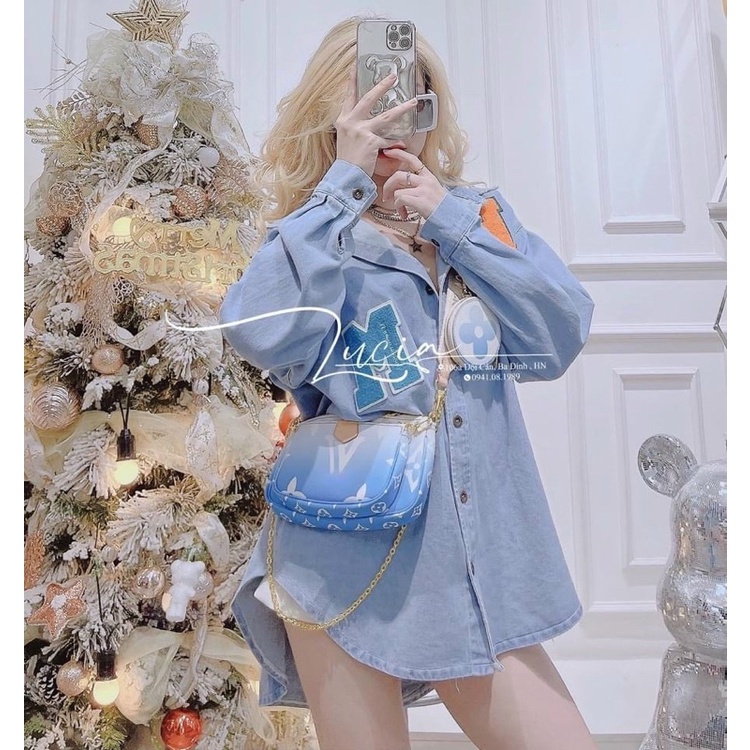 Áo sơ mi jeans phối chữ tay dài