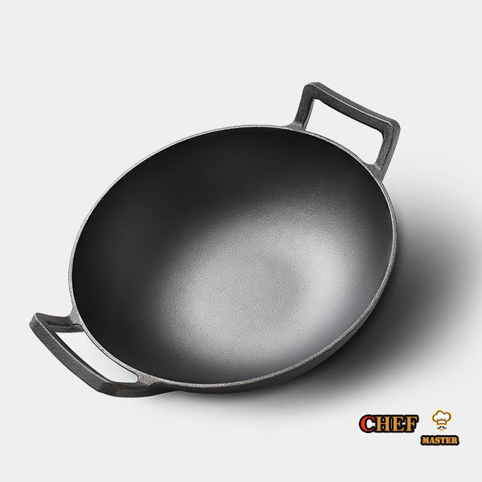 Chảo Gang Bầu Wok Sâu Lòng Chuyên Dụng Để Xào, Rang, Chiên Rán Size 32cm 2 Quai Kiểu Nhật Dùng Được Bếp Từ Bếp Ga