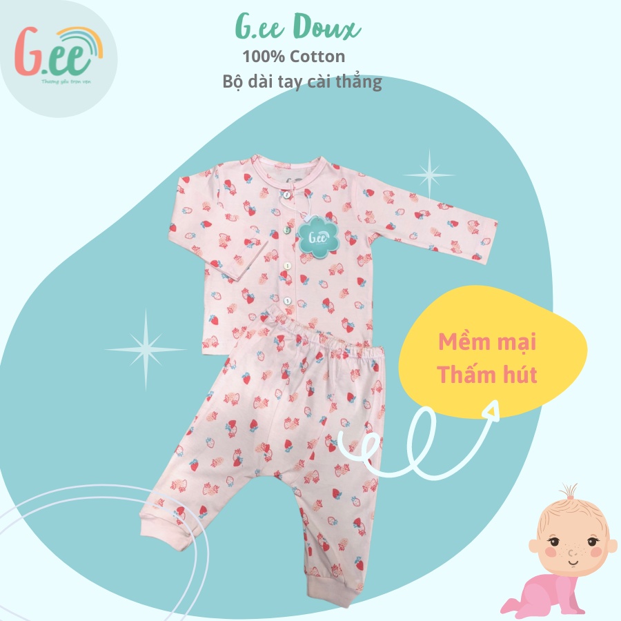 Bộ sơ sinh dài tay cài thẳng Gee, cho bé gái, bé trai chất liệu 100% cotton mềm mại