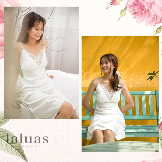 {Hình thật}Đầm ngủ lụa Ý cao cấp Flora Dress trắng tinh khôi