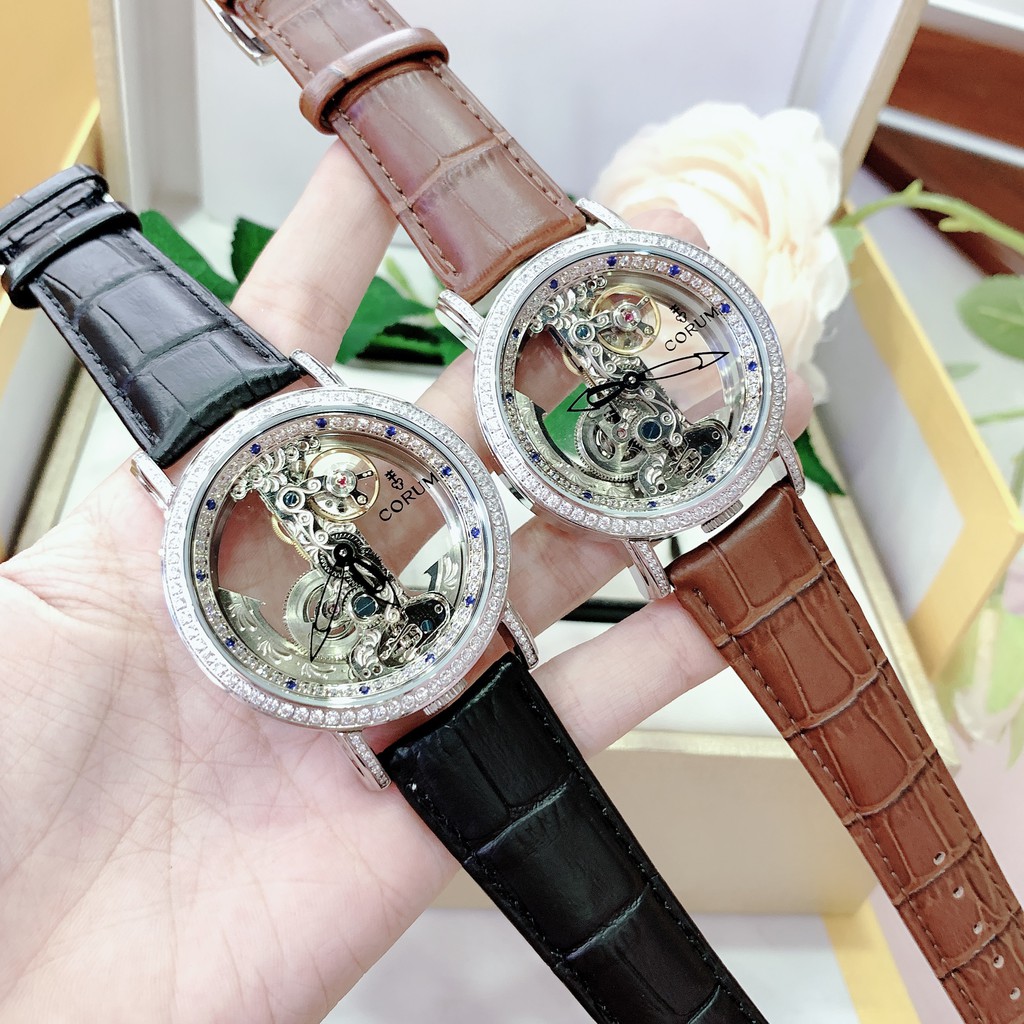 Đồng Hồ Nam Corum CRD03 - Dây Da - Lộ Cơ - Viền Đá
