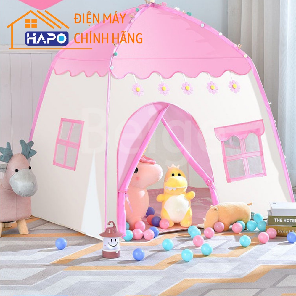 Lều công chúa hoàng tử cho bé hình ngôi nhà, Lều trẻ em hai màu xanh hồng tặng kèm đèn nhấp nháy + chăn gối hoạt hình