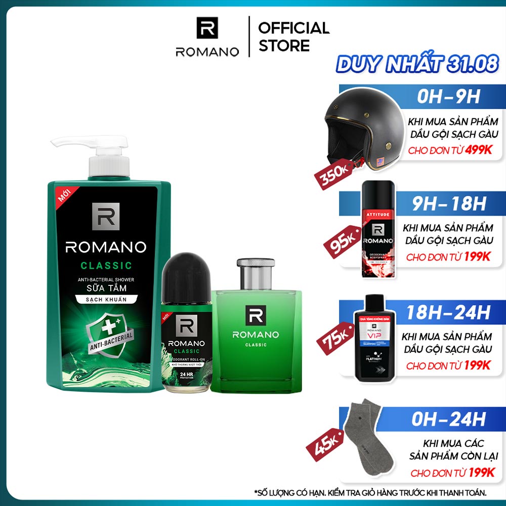 Combo Romano: Sữa tắm sạch khuẩn Classic 650G + Nước hoa Classic 50ml + Lăn khử mùi Classic 50ml