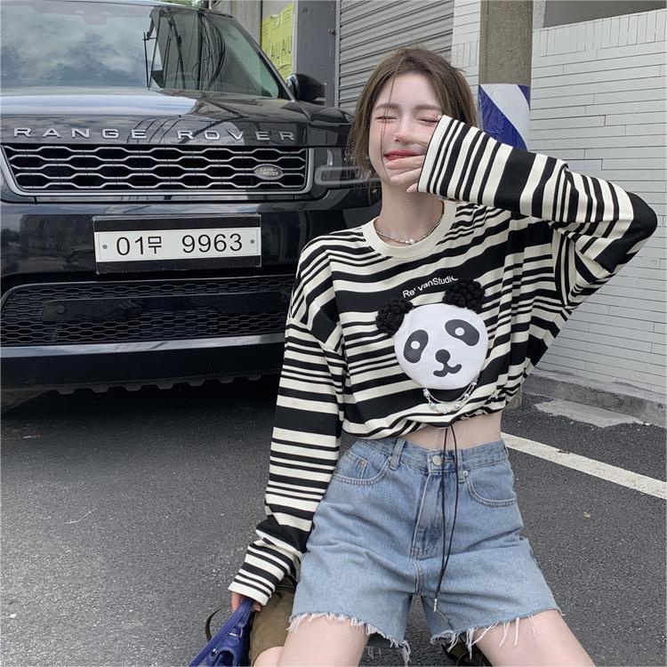 【ZHELIHANGFEI】Áo Dệt Kim Dài Tay Lưng Cao Phối Dây Rút Họa Tiết Gấu Trúc Đáng Yêu