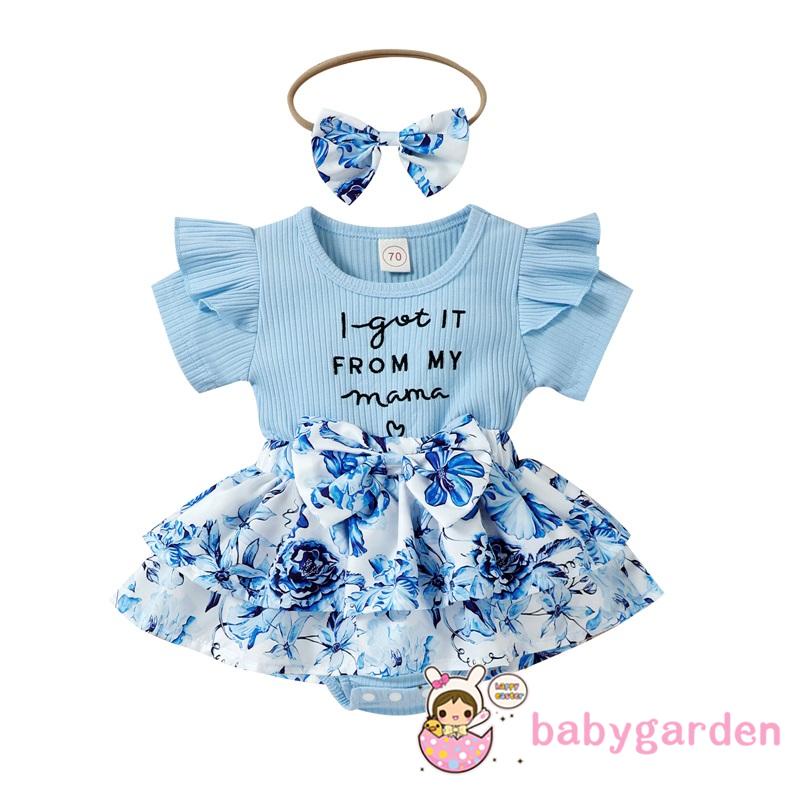 Bộ Áo Liền Quần Tay Ngắn Phối Bèo In Hoa Và Băng Đô Cài Tóc Xinh Xắn Cho Bé Gái 0-2 Tuổi