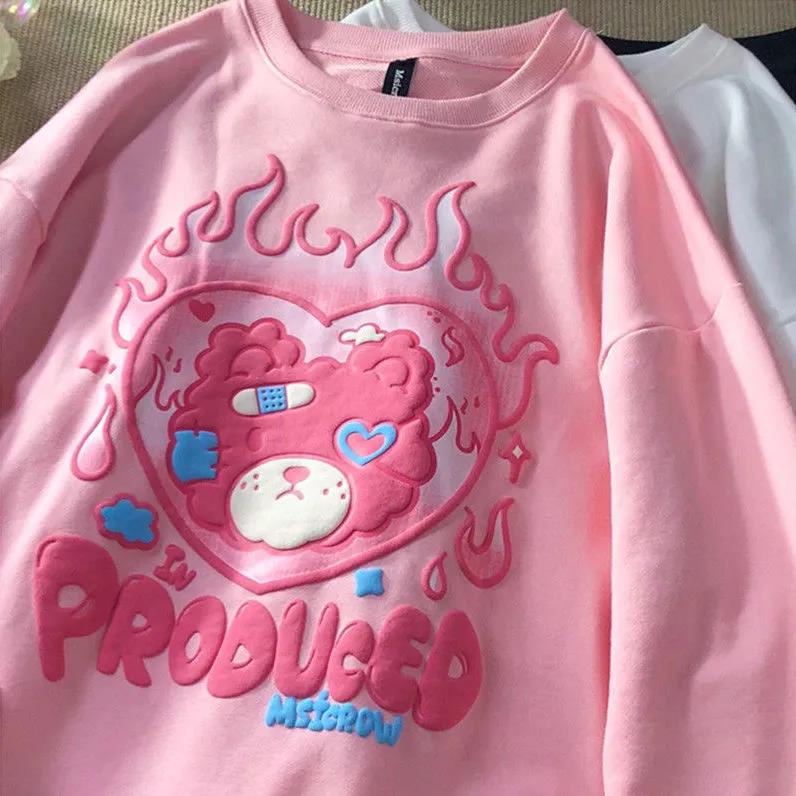 Áo sweater tay dài cổ tròn dáng rộng họa tiết chú gấu thời trang mùa thu phong cách Hàn Quốc cho cặp đôi