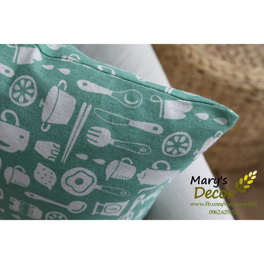 Gối tựa sofa Mary Decor - họa tiết Đồ dùng nhà bếp xanh G-D04