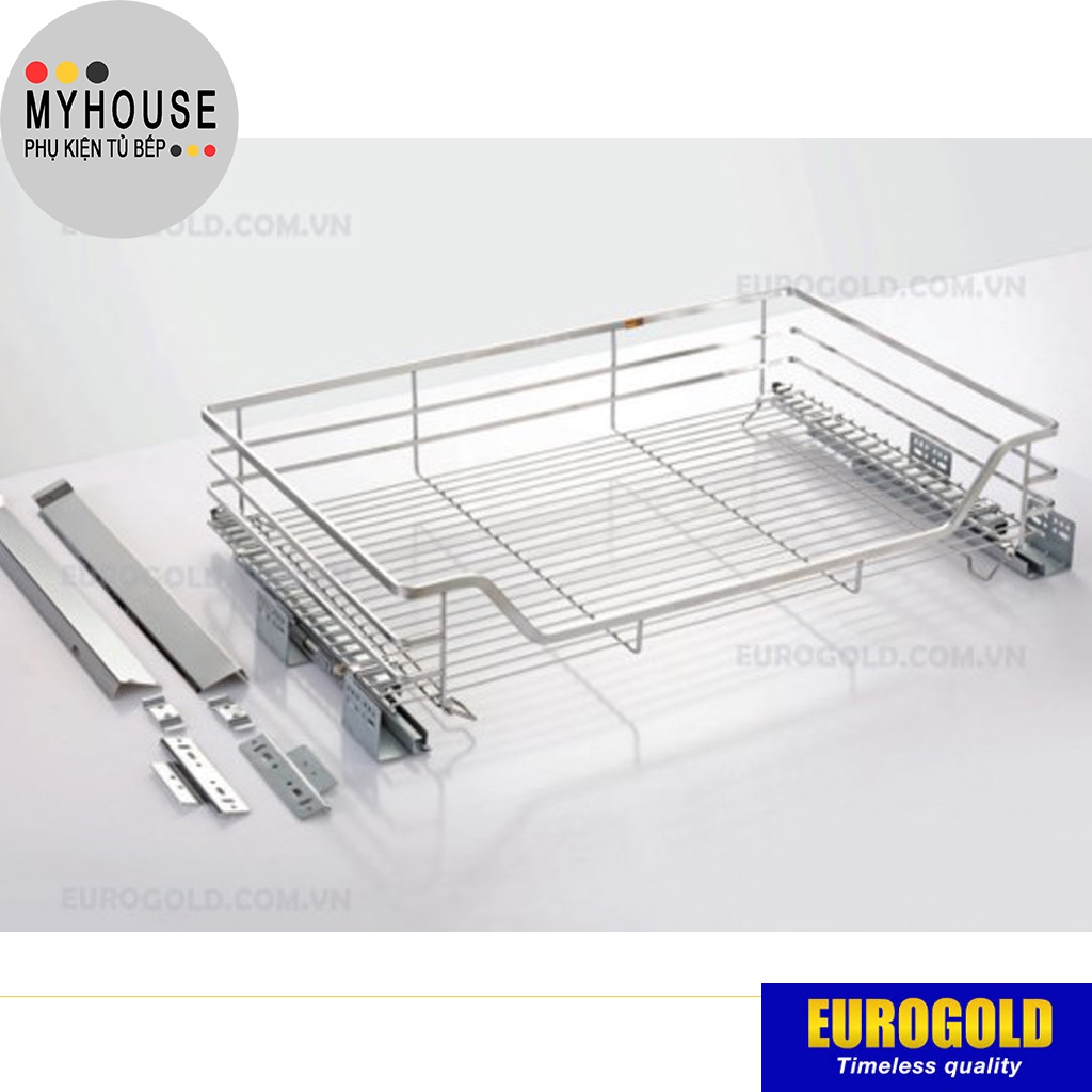 Kệ để xoong nồi EUROGOLD Inox 304 nan dẹt ray giảm chấn, Kệ để đồ tủ bếp dưới, phụ kiện tủ bếp