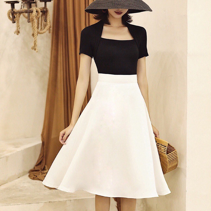Chân Váy xòe dài qua gối 2 màu đen, trắng dáng váy công sở | BigBuy360 - bigbuy360.vn