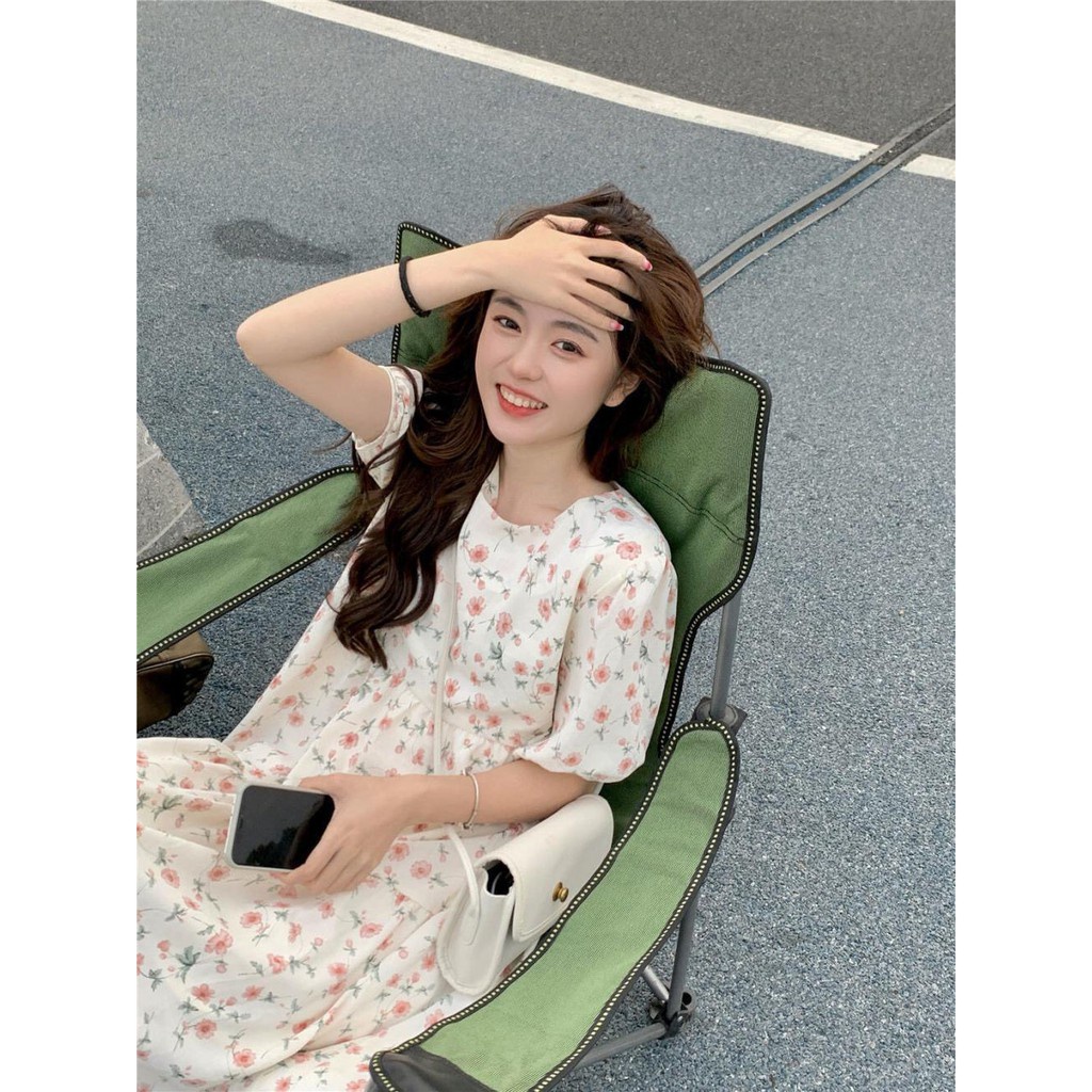 Váy babydoll hoa nhí dáng xòe cổ tròn tay bồng