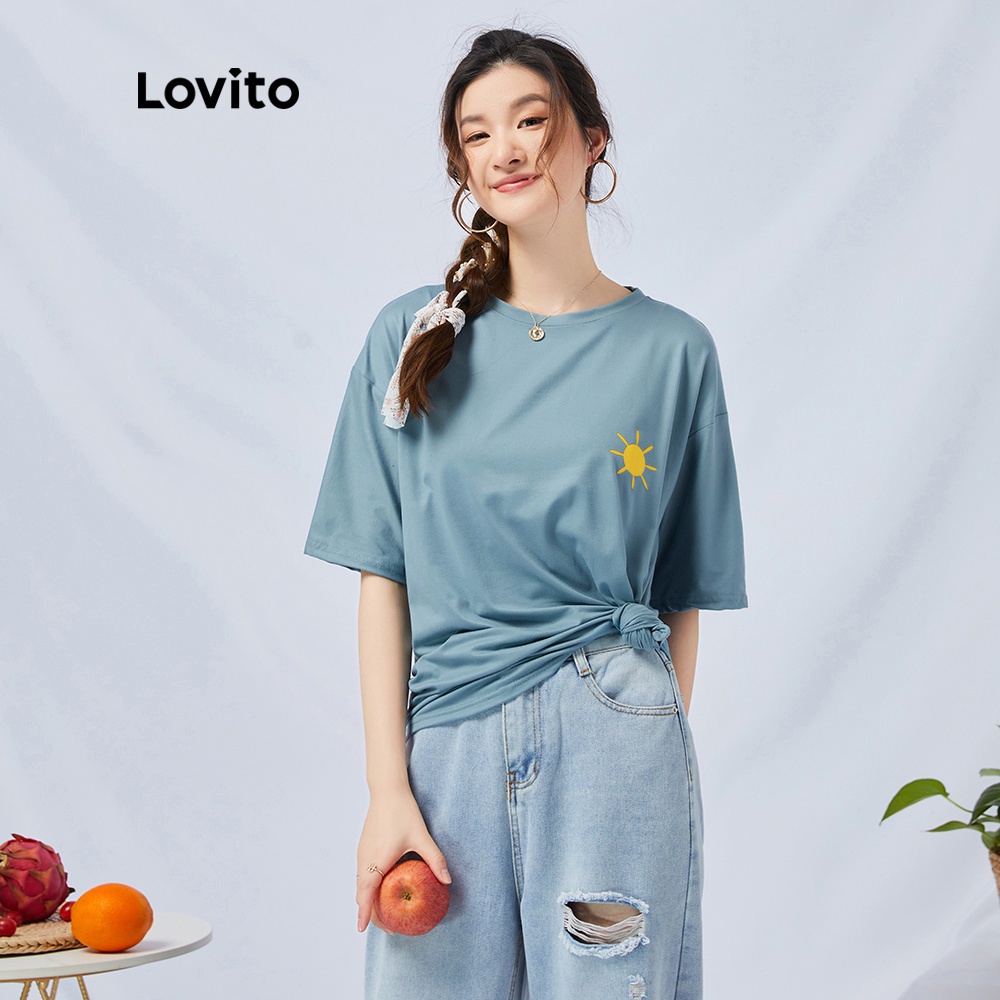 Áo thun cổ tròn in hình mặt trời Lovito L11081(Xanh lam)