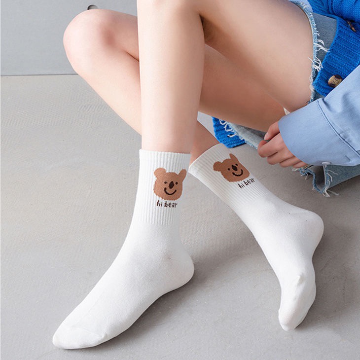Tất vớ nữ cổ cao trắng họa tiết gấu xinh xắn style Hàn Quốc Warm&Cute AD25