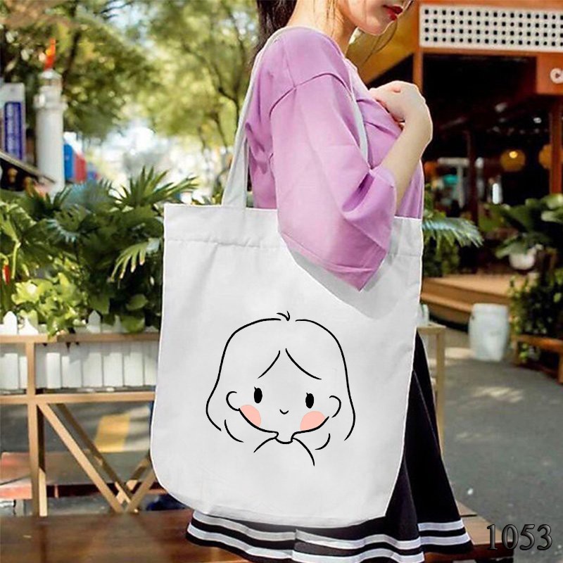 Túi tote trắng vải Canvas in họa tiết Cô gái má hồng dễ thương Phong cách Ulzzang