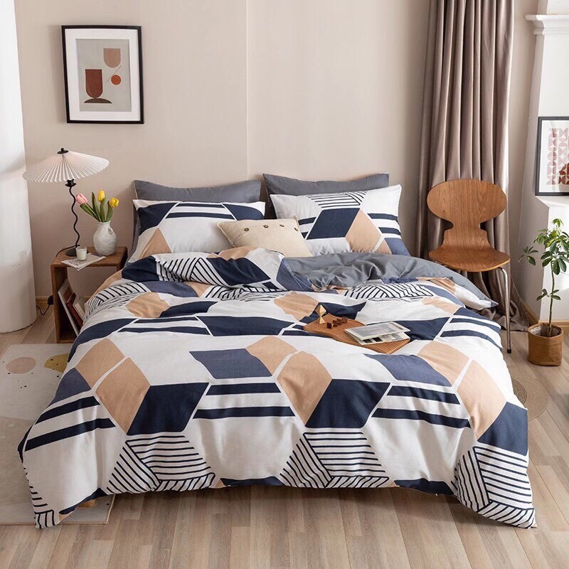 Bộ Chăn Ga Gối Cotton Living - 100% Cotton Hoạ Tiết Kẻ Đa Giác Mẫu Mới Hot Tren 2021