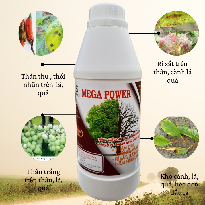 MEGA POWER Chế Phẩm Sinh Học Trừ Bệnh Thán Thư, Rỉ Sắt Sương Mai, Phấn Trắng - Chai 1 Lít