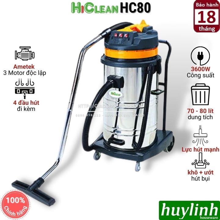 [Mã ELHAMS5 giảm 6% đơn 300K] Máy hút bụi công nghiệp Hiclean HC80 - 80 lít - 3600W - 3 motor - Hút bụi Khô và Ướt