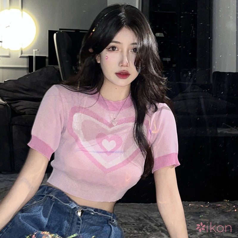 Áo Croptop Vải Lụa Lạnh Tay Ngắn Dáng Ôm Thoáng Khí In Hình Trái Tim Kiểu Retro Cho Nữ