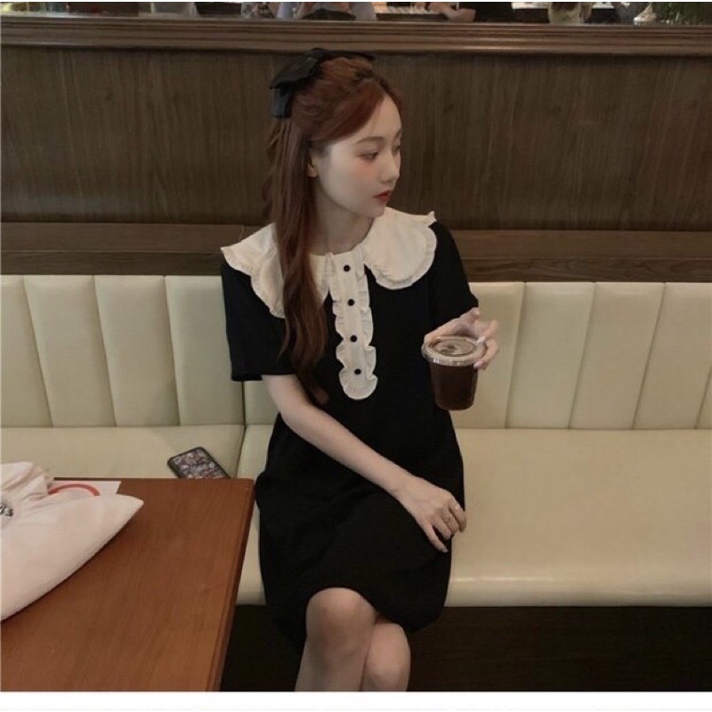 [HÀNG ORDER] Váy Đầm ngắn màu đen bèo trắng phong cách Hàn Quốc AH1127