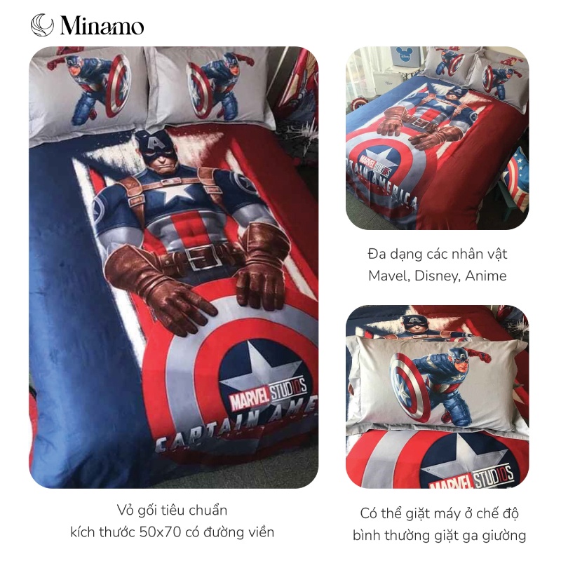 Bộ Vỏ Chăn Ga Gối Cotton Lụa Disney Minamo B05 Cao Cấp, Mịn Màng, Dày Dặn, Không Bai Xù - Bảo Hành Chính Hãng Minamo