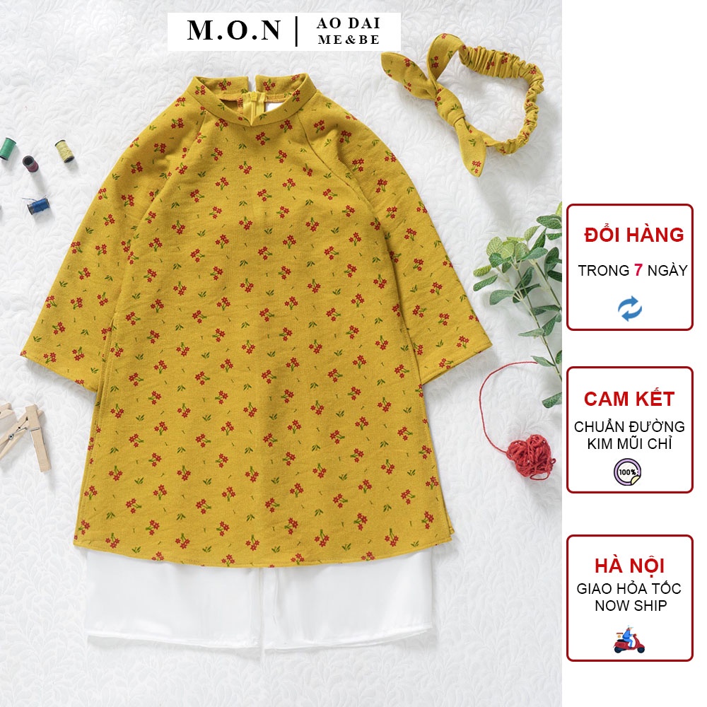 Áo Dài Cách Tân Hoa Nhí Bé Gái Mẫn Tuyền Chất Nhung Tăm Siêu Mềm Mịn
