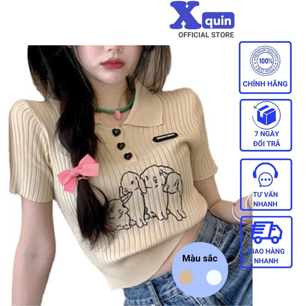 Áo polo nữ tay ngắn in hoạ tiết cún siêu xinh Xquin, Áo croptop nữ cổ trụ gài nút chất len tăm mềm mịn