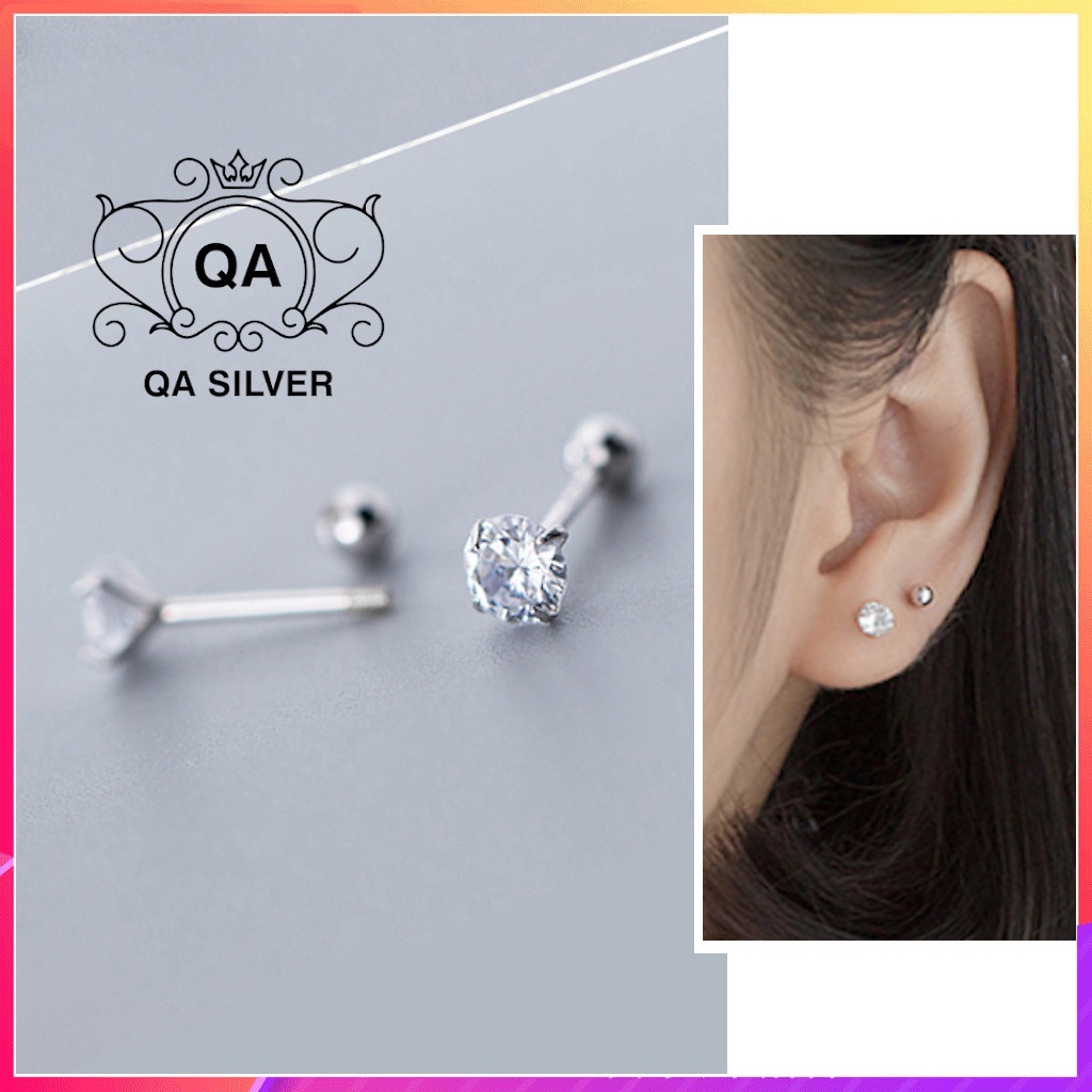 Khuyên tai bạc 925 nụ đá chốt vặn bông nam nữ tối giản S925 MINIMAL Silver Earrings QA SILVER EA210211