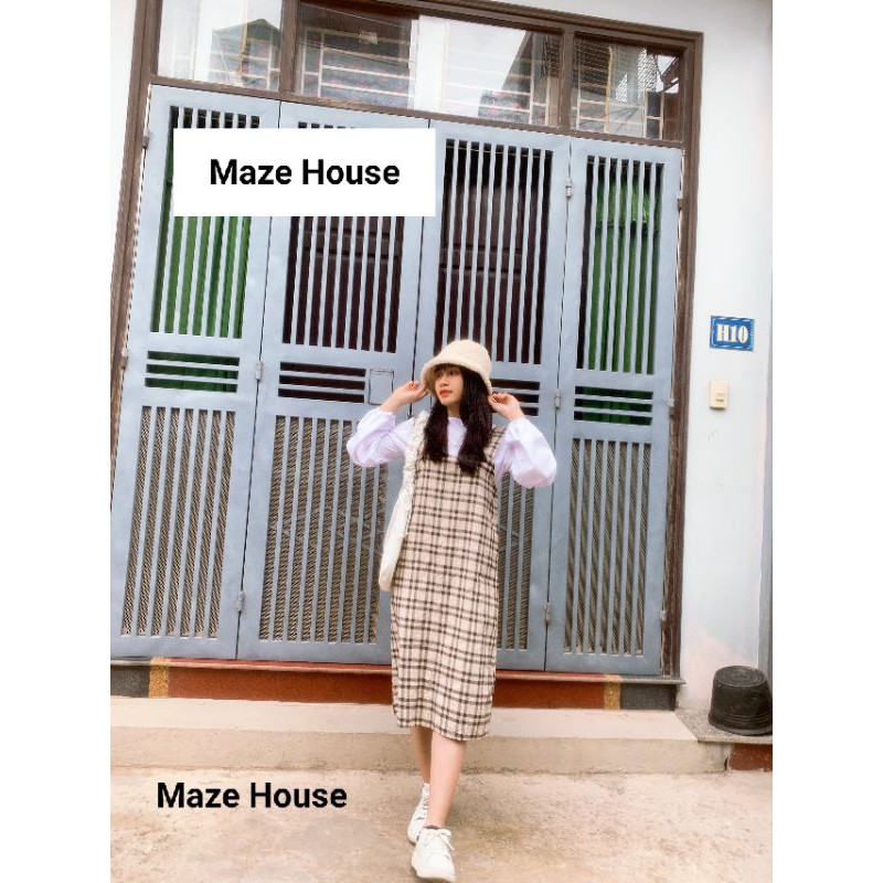 Set áo và váy yếm caro Freeship Bộ váy yếm babydoll kèm áo chun tay thời trang Hàn Quốc Maze House
