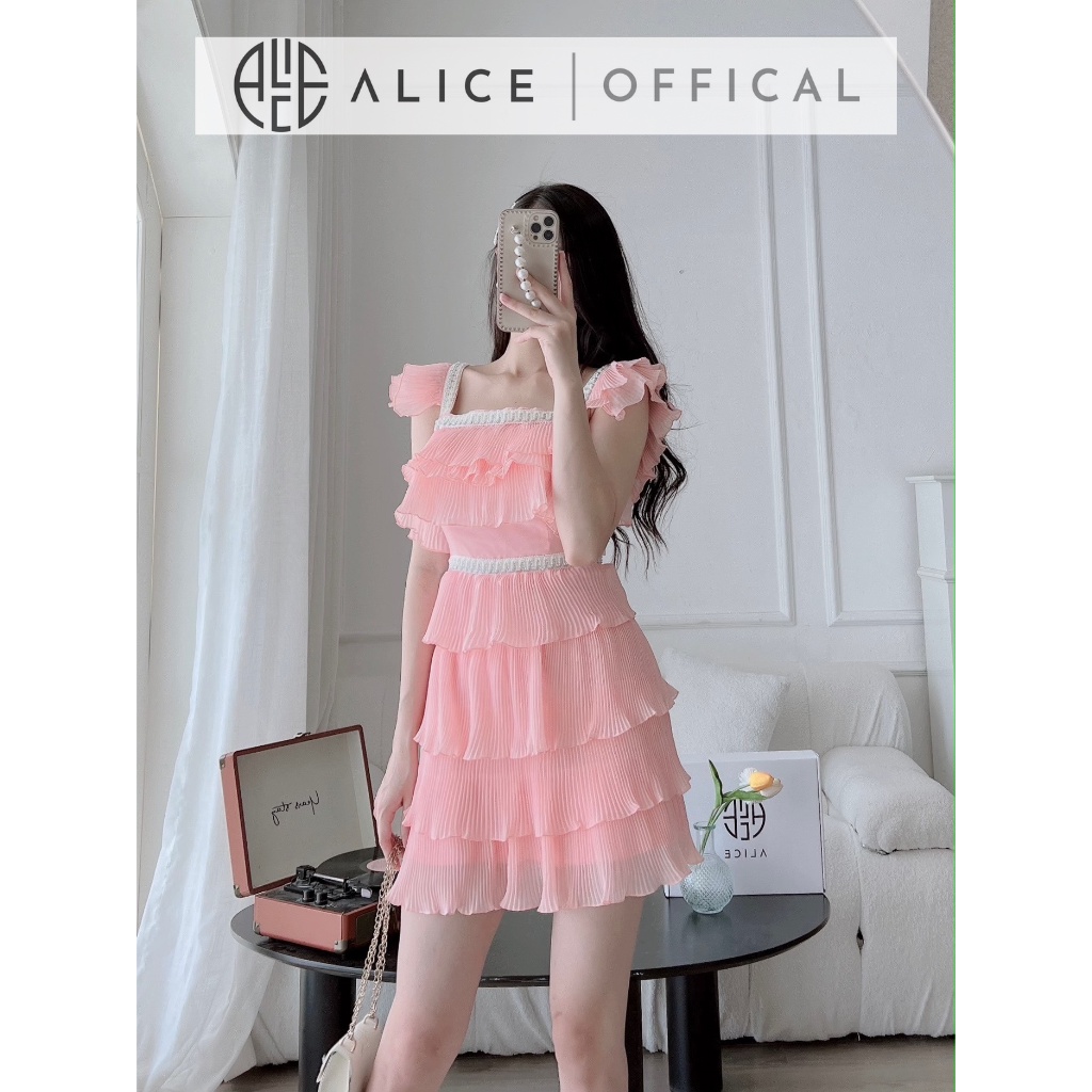 Đầm Tiểu Thư Dáng Xòe ALICE Chất Tơ Mềm Lót Lụa Thiết Kế Chân Váy Dập Li 4 Tầng Tay Cánh Tiên V796