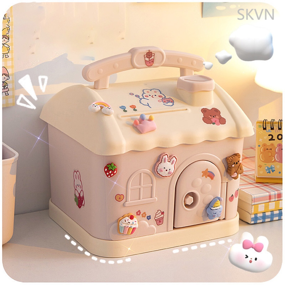 Hộp đựng tiền tiết kiệm phong cách ngôi nhà hoạt hình có khóa di động đa năng sáng tạo cho bé