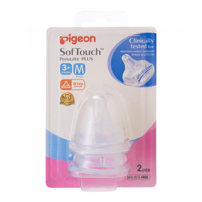 Núm Vú Pigeon Cổ Rộng Plus SofTouch Silicon Cao Cấp, Núm Vú Gắn Bình Sữa Cổ Rộng 1 vỉ 2 cái Size S M L 2L 3L