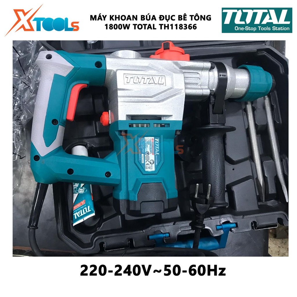 Máy khoan búa cầm tay 1800w TOTAL TH118366 tốc độ: 850rpm, tốc độ đập 4200bpm, khả năng khoan 36 mm/đục 14mm; kèm theo 3