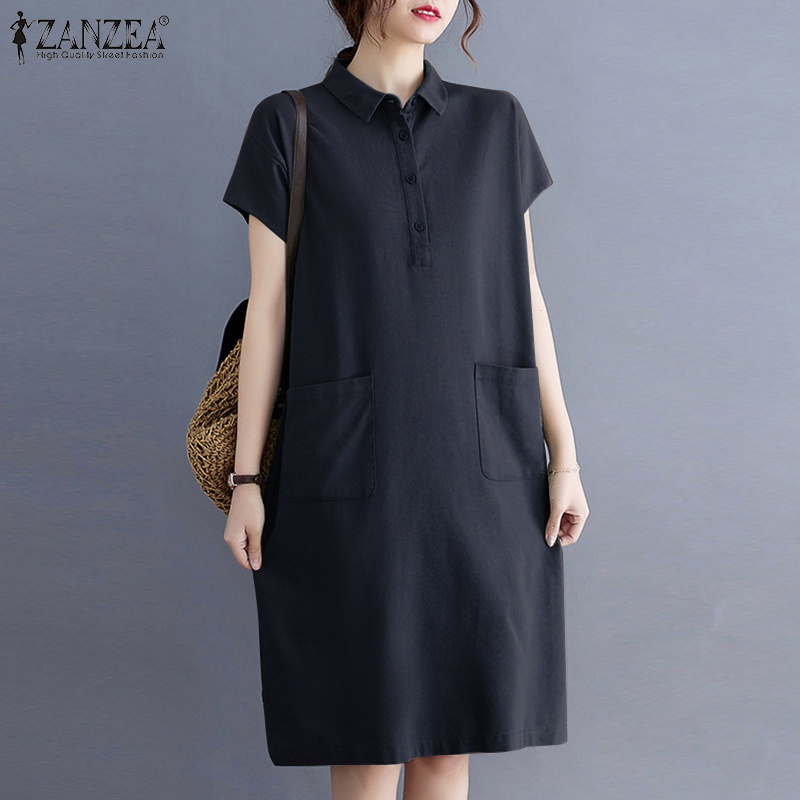 Đầm midi ZANZEA tay ngắn cổ bẻ màu trơn có túi hai bên duyên dáng dành cho nữ