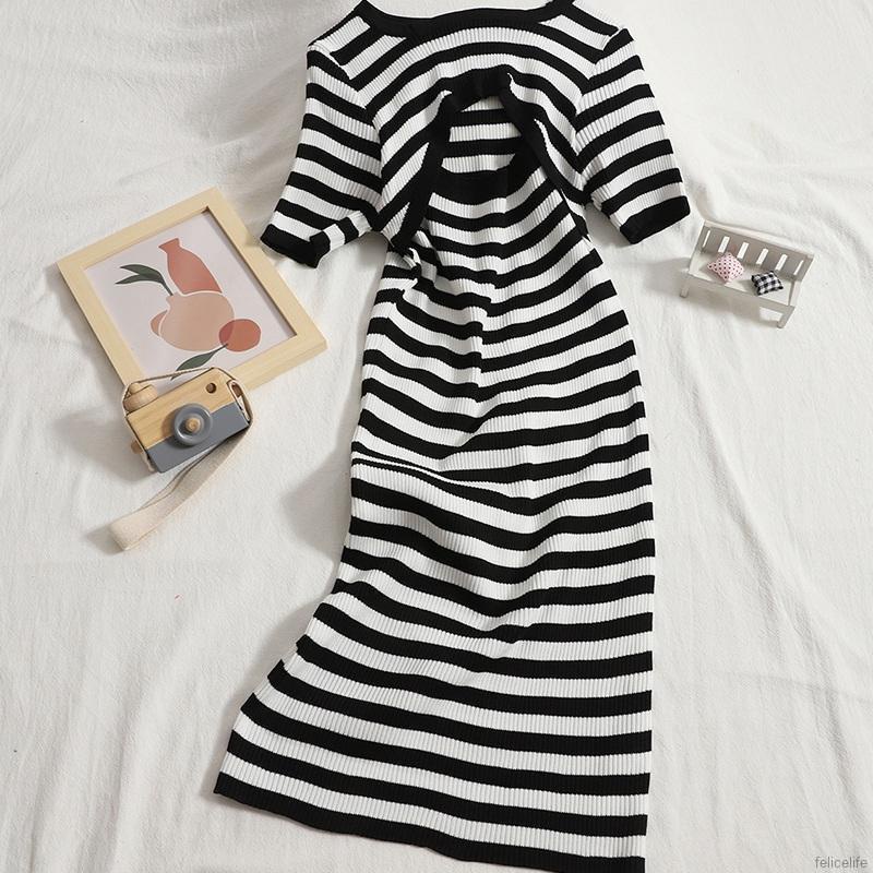 Đầm Dệt Kim Tay Ngắn Cổ Tròn Hoạ Tiết Kẻ Sọc Phong Cách Hàn Quốc