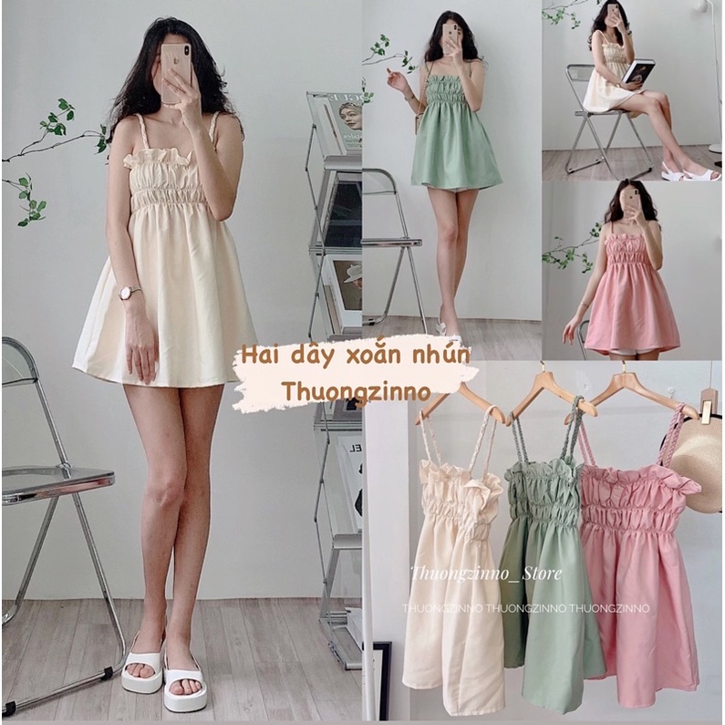 Váy 2 dây nhúm ngực dây xoắn thừng đẹp như nàng thơ Đầm hai dây Hàn Quốc