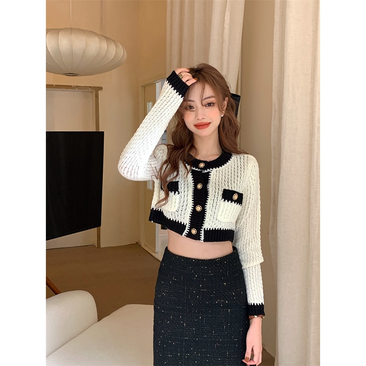 Áo cardigan Ngắn Tay Dài Cổ Tròn Màu Tương Phản Bằng Lụa Lạnh Cho Nữ