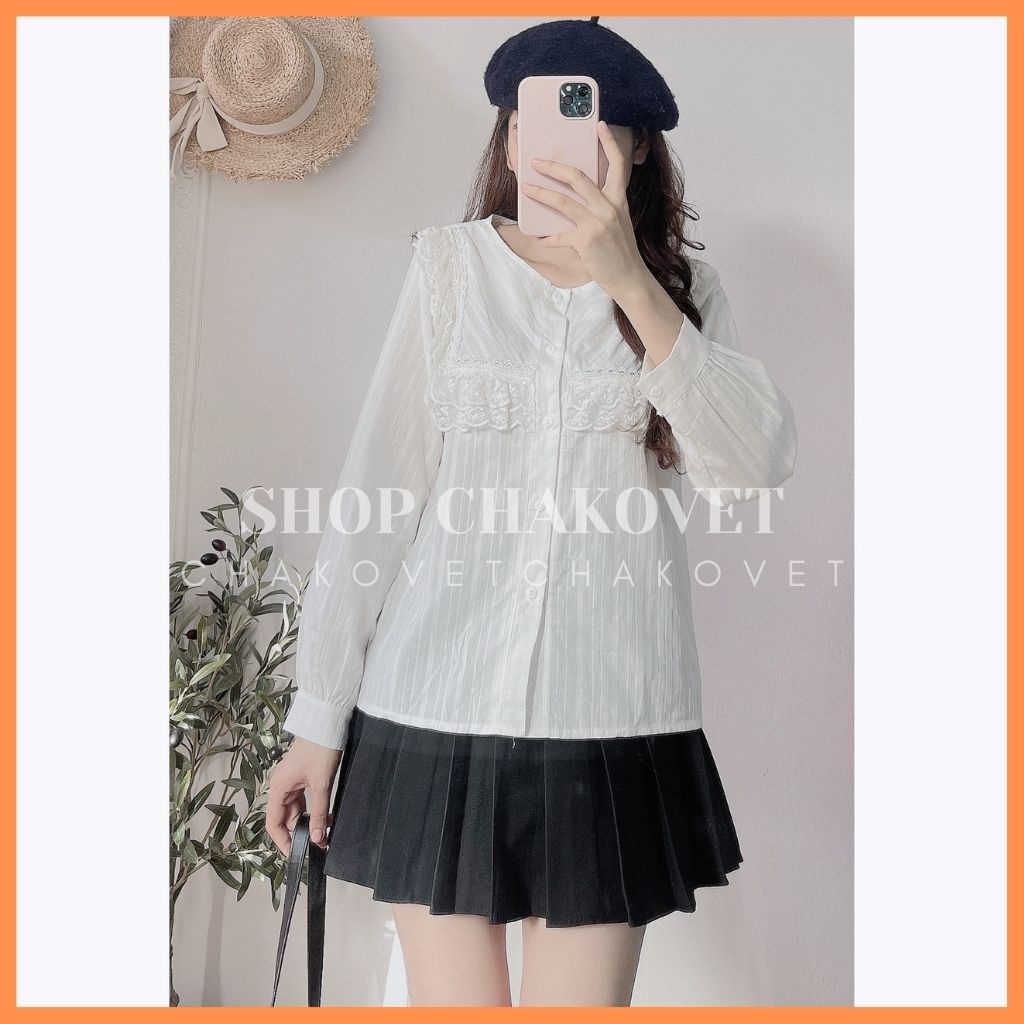 Áo sơ mi nữ dài tay màu trắng A875, kiểu áo nữ cổ tròn thiết kế 2 lớp ren ngực phong cách retro hàn quốc freesize &lt;53kg