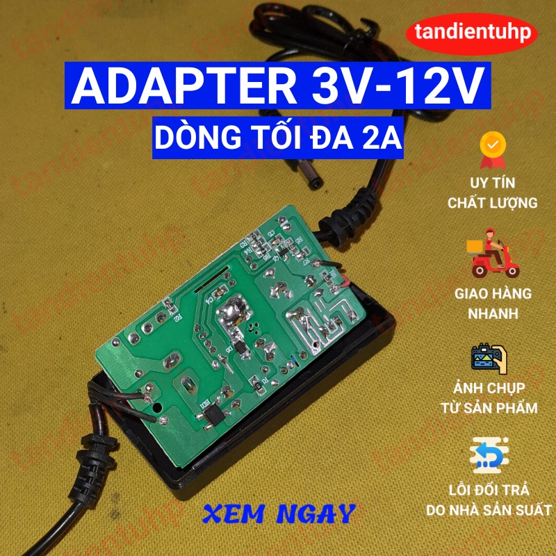 Nguồn adapter điều chỉnh điện áp từ 3V-12V DC 2A jack 5.5mm x 2.1mm.Kích thước vỏ: dài 8.5cm x rộng 4.8cm x cao 3cm