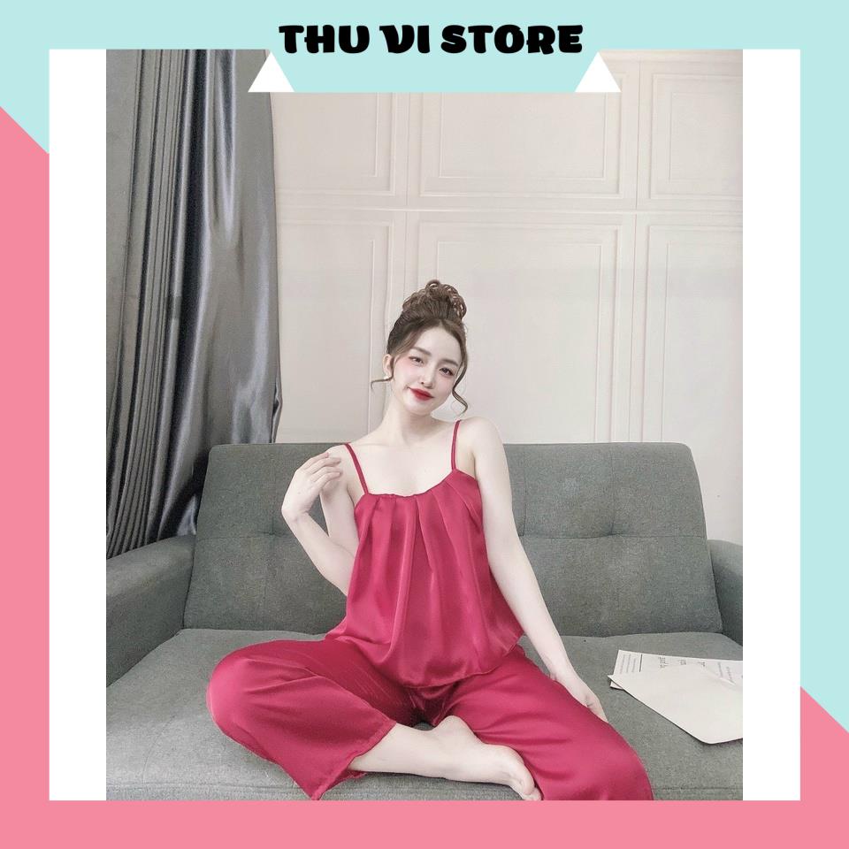 Đồ Bộ Mặc Nhà, Đồ Ngủ Lụa Áo 2 Dây Xếp Ly Quần Dài Chất Lụa Satin Cao Cấp Form Rộng Rãi Dưới 65kg Mặc Vừa. | BigBuy360 - bigbuy360.vn