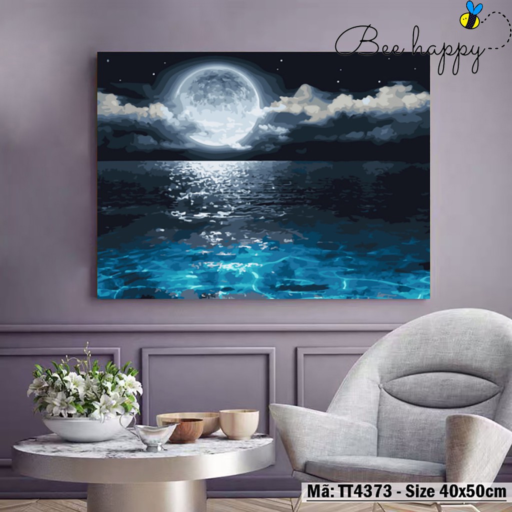 Tranh số hóa tự tô màu phong cảnh biển đêm trăng BEE HAPPY TT4373