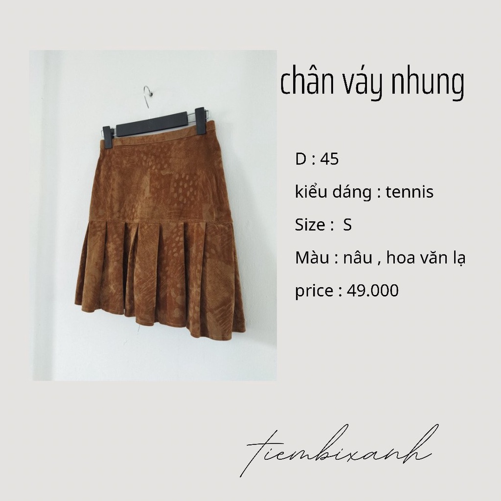 2hand- chân váy nhung dáng tennic màu nau tây hoạ tiết lạ- Cv73 - tiembixanh