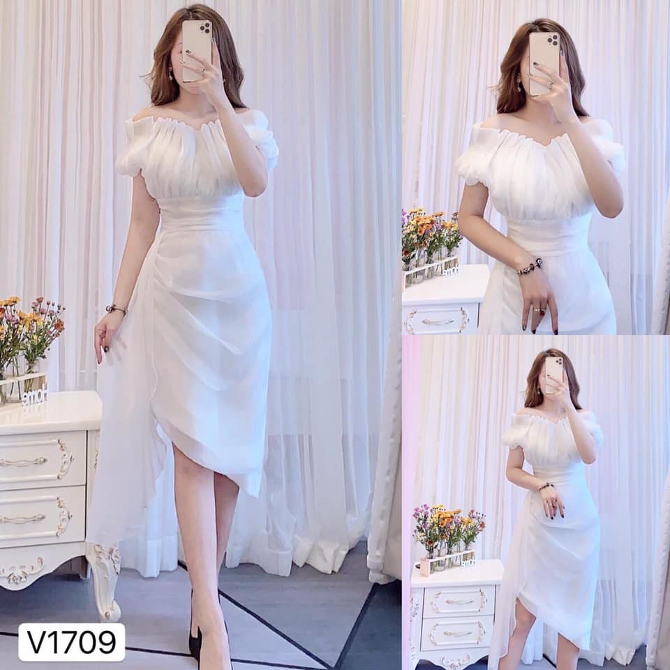 (Hàng Thiết Kế) Váy trắng dự tiệc body trễ vai tà dài V1709 [Kèm Ảnh Thật]