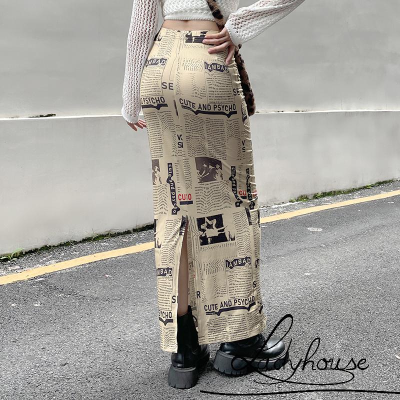 Chân Váy Dài Tới Mắt Cá Chân Eo Cao Co Giãn In Họa Tiết Tờ Báo Thời Trang Đường Phố Cho Nữ