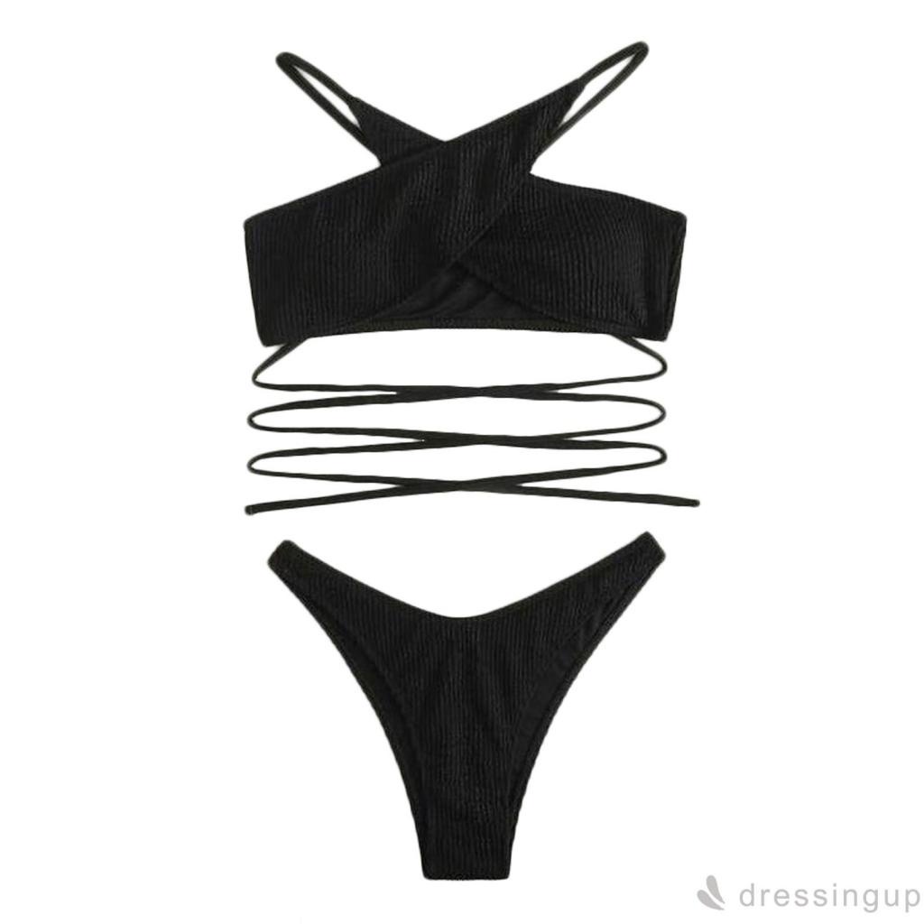 Bộ bikini hai mảnh màu trơn lưng thấp màu đen quyến rũ cho nữ