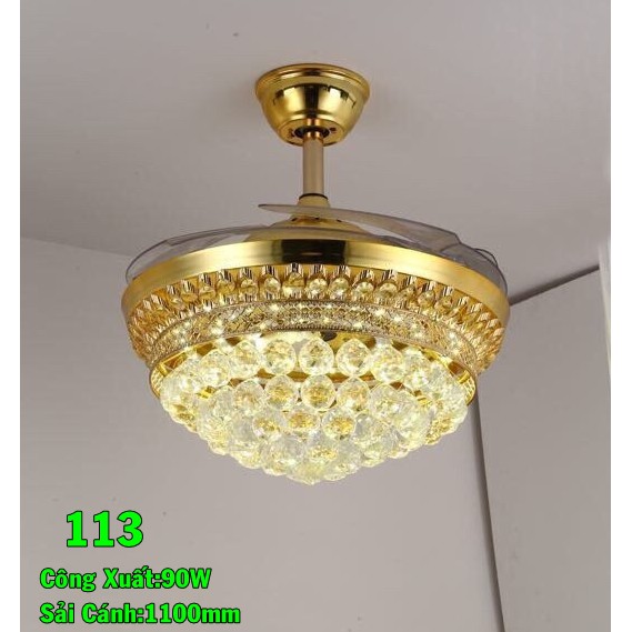 Quạt Trần Đèn Pha Lê 113 Có Điều Khiển từ Xa,Đèn Led 3 Màu Ánh Sáng-Động Cơ Lõi Đồng,Bảo Hành 2 Năm