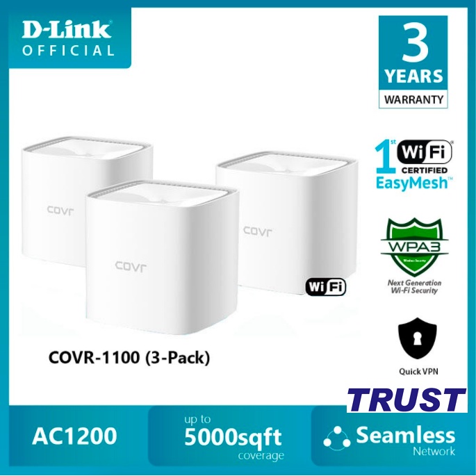 D-LINK COVR-1100-3 (3-Unit) Gigabit - Bộ phát Wi-fi Mesh băng tần kép chuẩn AC1200 Whole Home Mesh Gigabit